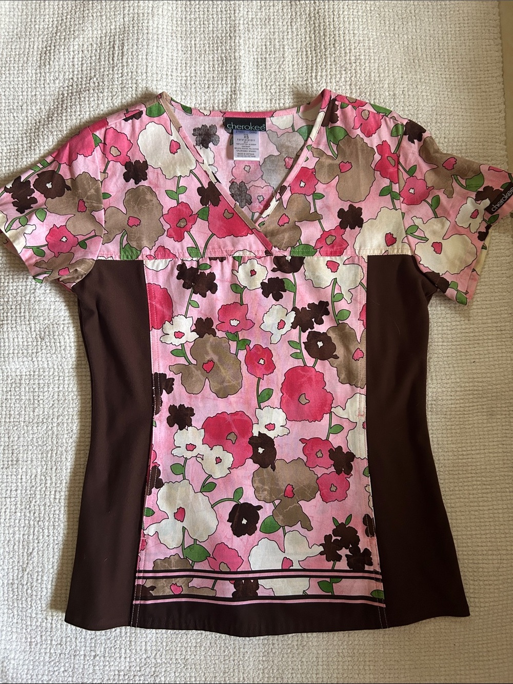 Cherokee Pink Floral V-Neck Scrub Top with Brown Panels